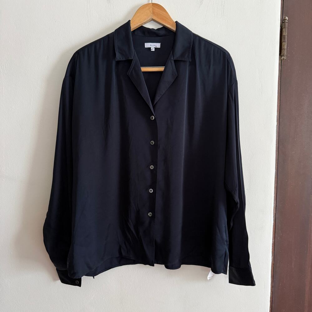 IRIS & INK | Black Flowy Matte Satin Button down Spread Collar Shirt | Size 14